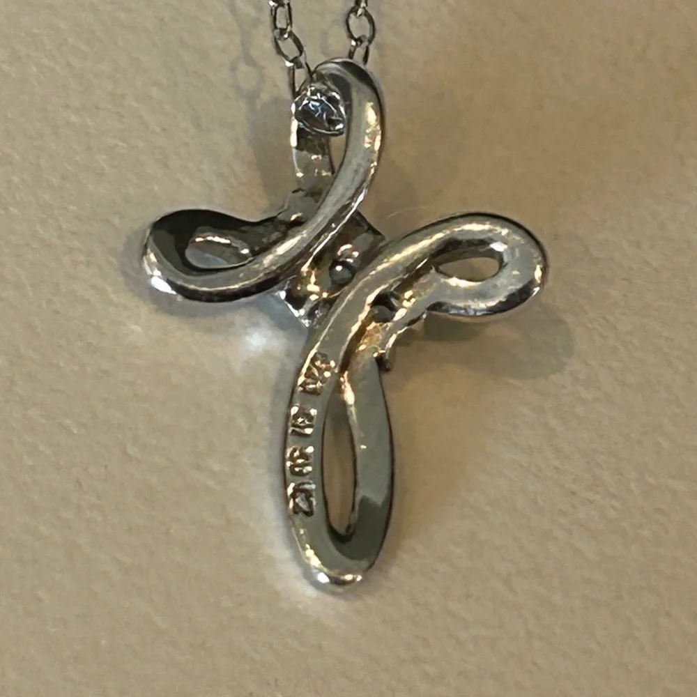 Sterling Silver Cross Necklace Ribbon Pendant with Crystals Stamped 925 CZ - Picture 11 of 13